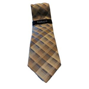 Van Heusen 100% Silk Men's Neck Tie Beige, Gold, with Blue Touches. Plaid.‎ New!